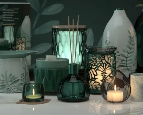 Green-Life original botanical aroma décor series combining green and white ceramic, tinted glass, leaf motifs and ambient lighting for B2B home fragrance, wellness and lifestyle programs with OEM and ODM customization.