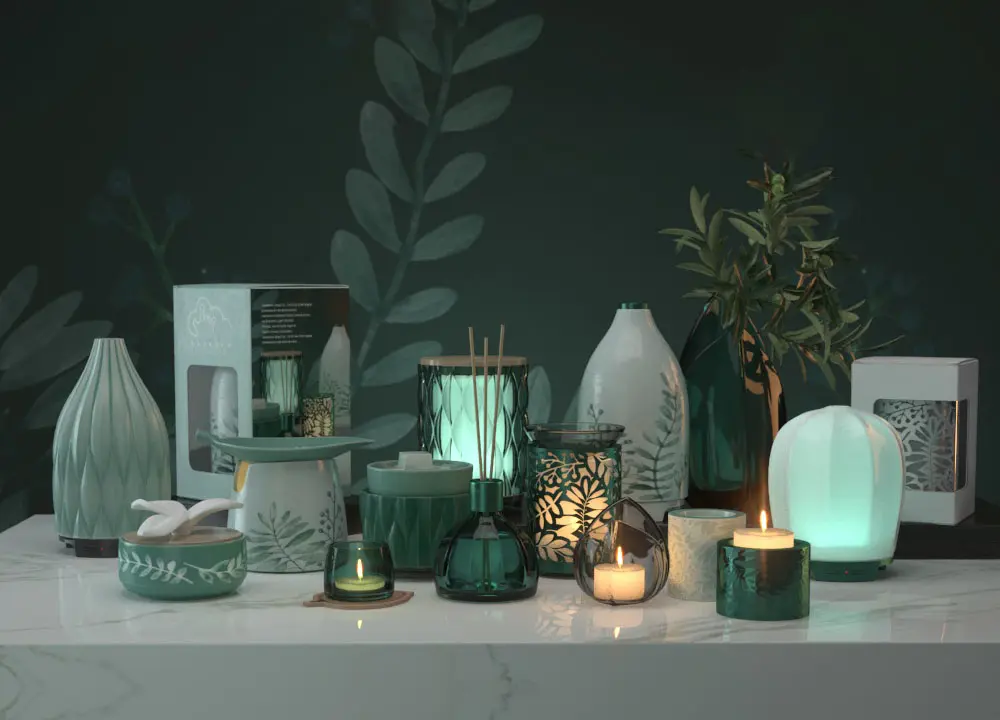 Green-Life original botanical aroma décor series combining green and white ceramic, tinted glass, leaf motifs and ambient lighting for B2B home fragrance, wellness and lifestyle programs with OEM and ODM customization.