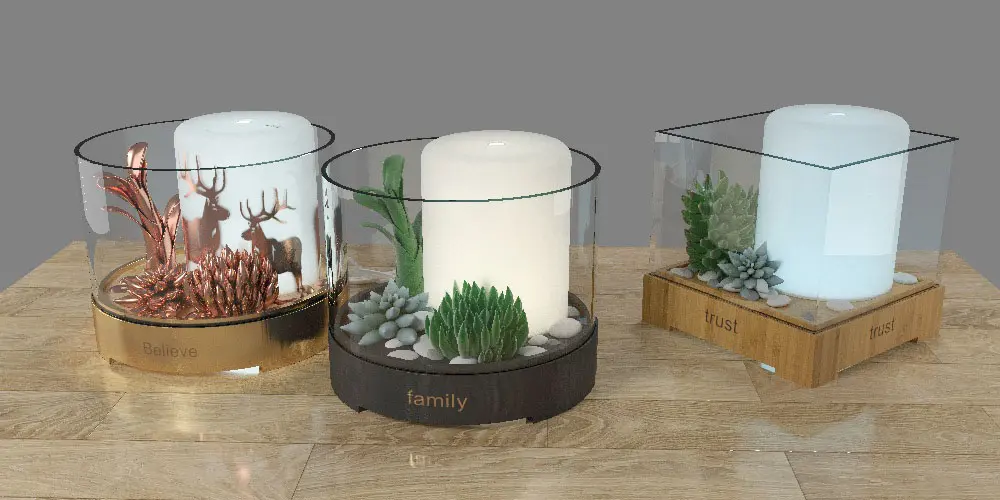 Green-Life original tabletop aroma diffuser series combining faux succulents, clear glass covers and decorative bases, developed for B2B home fragrance, gift and lifestyle sourcing with OEM and ODM customization options.