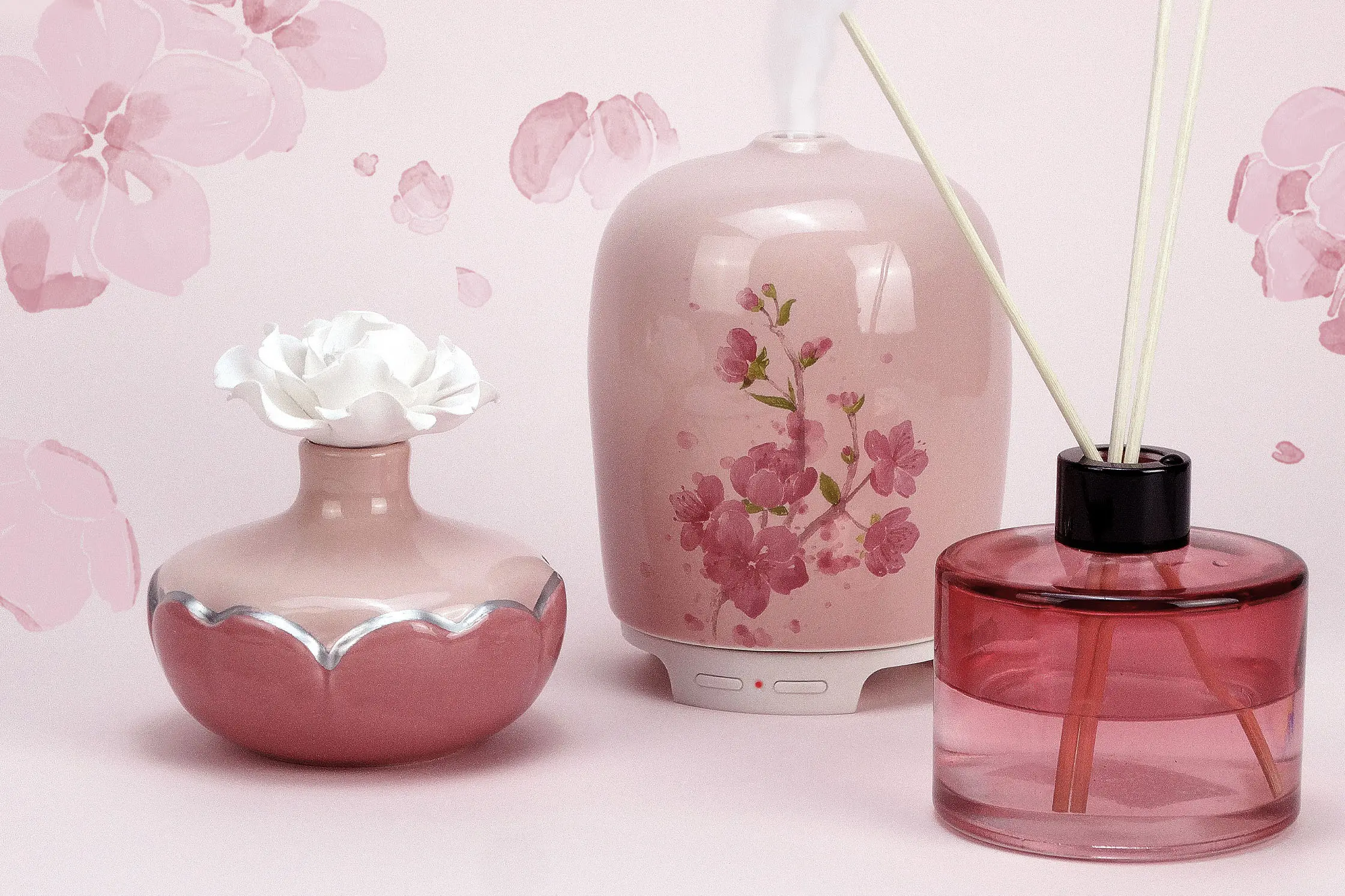 Green-Life original blossom-inspired aroma décor series featuring pink floral styling, mixed materials and coordinated spring fragrance designs for B2B gift, lifestyle and home fragrance sourcing with OEM and ODM options.