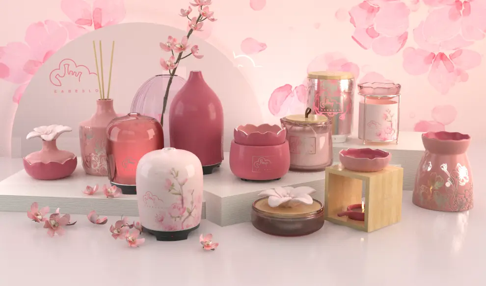 Green-Life original blossom-inspired aroma décor series featuring pink floral styling, mixed materials and coordinated spring fragrance designs for B2B gift, lifestyle and home fragrance sourcing with OEM and ODM options.