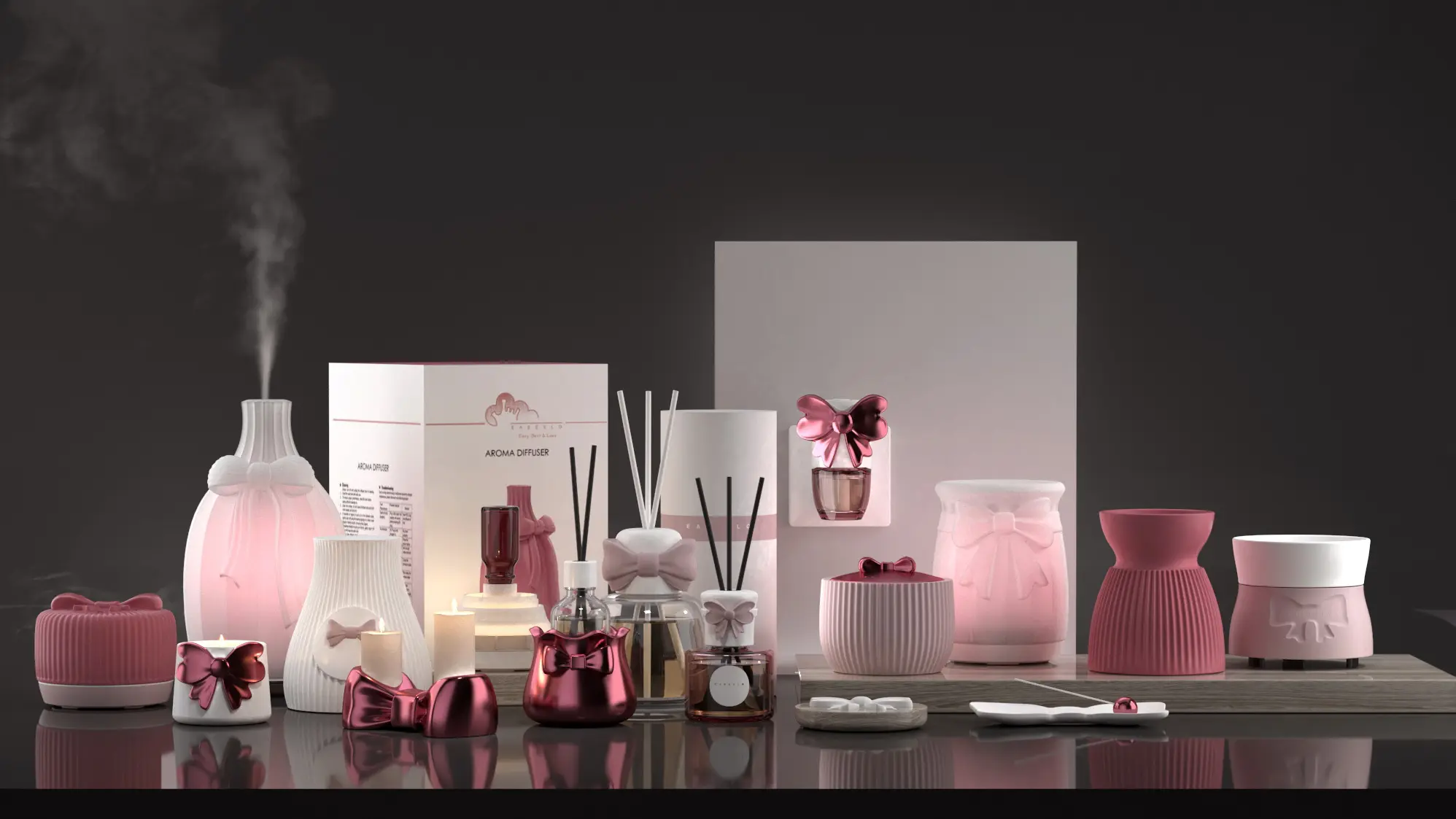 Green-Life bow-adorned aroma wares in blush pink, ivory and reflective rose finishes, featuring fluted vessels, diffusers and candle accessories.