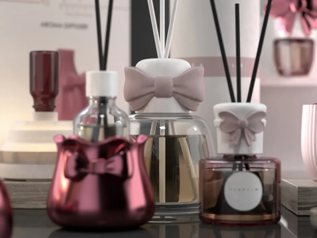 Green-Life bow-adorned aroma wares in blush pink, ivory and reflective rose finishes, featuring fluted vessels, diffusers and candle accessories.