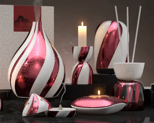 Green-Life candy-inspired aroma ware designs with curved pink, red and white stripes, reflective finishes, diffusers and candle accessories.