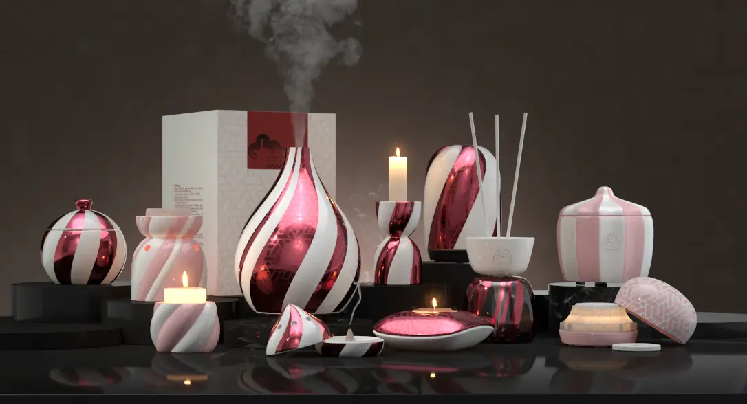 La collection Green-Life propose des objets parfumés inspirés des bonbons, avec des rayures courbes roses, rouges et blanches, des finitions réfléchissantes, des diffuseurs et des accessoires pour bougies.